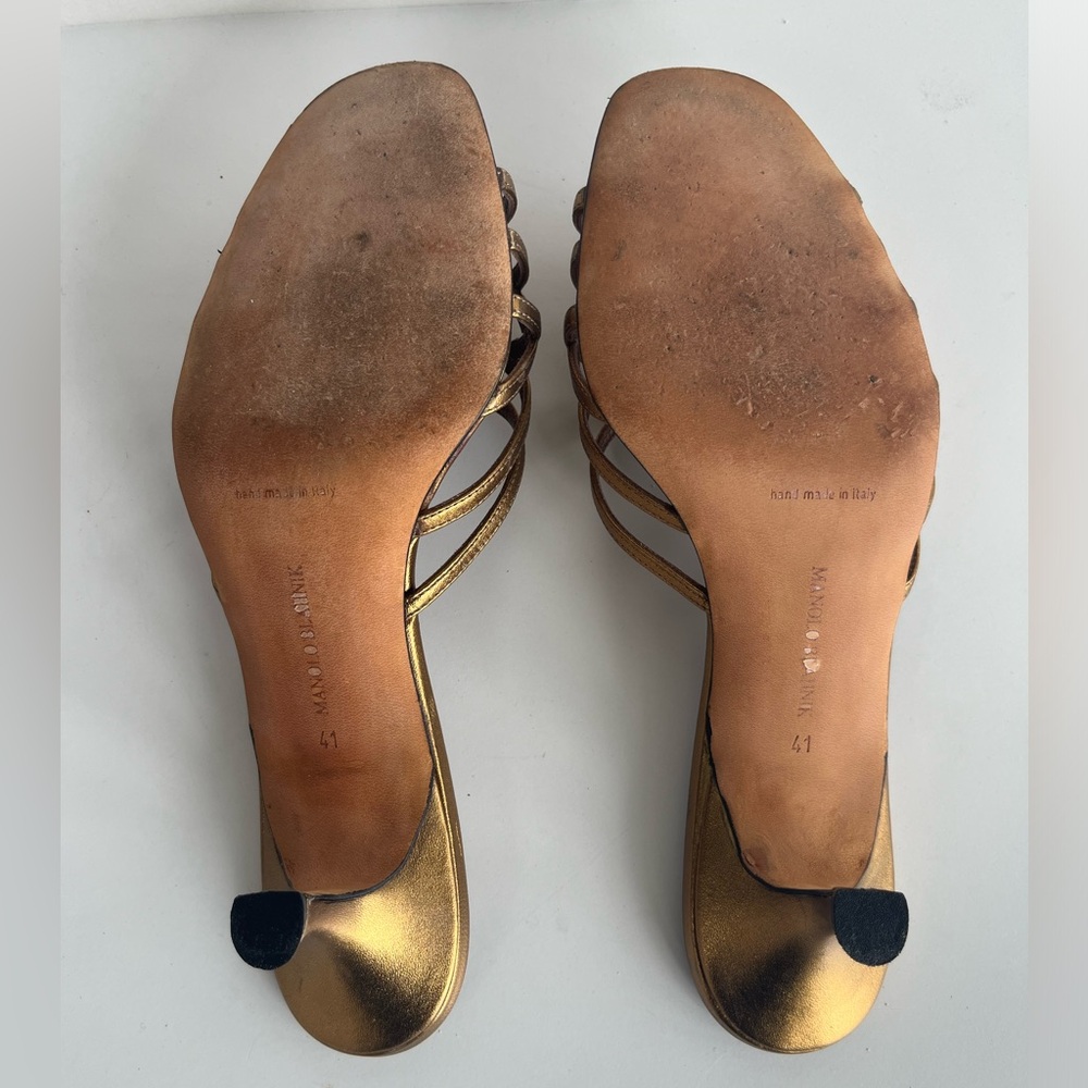 Manolo Blahnik Metallic Gold Strappy Slide Heels - Picture 5 of 6
